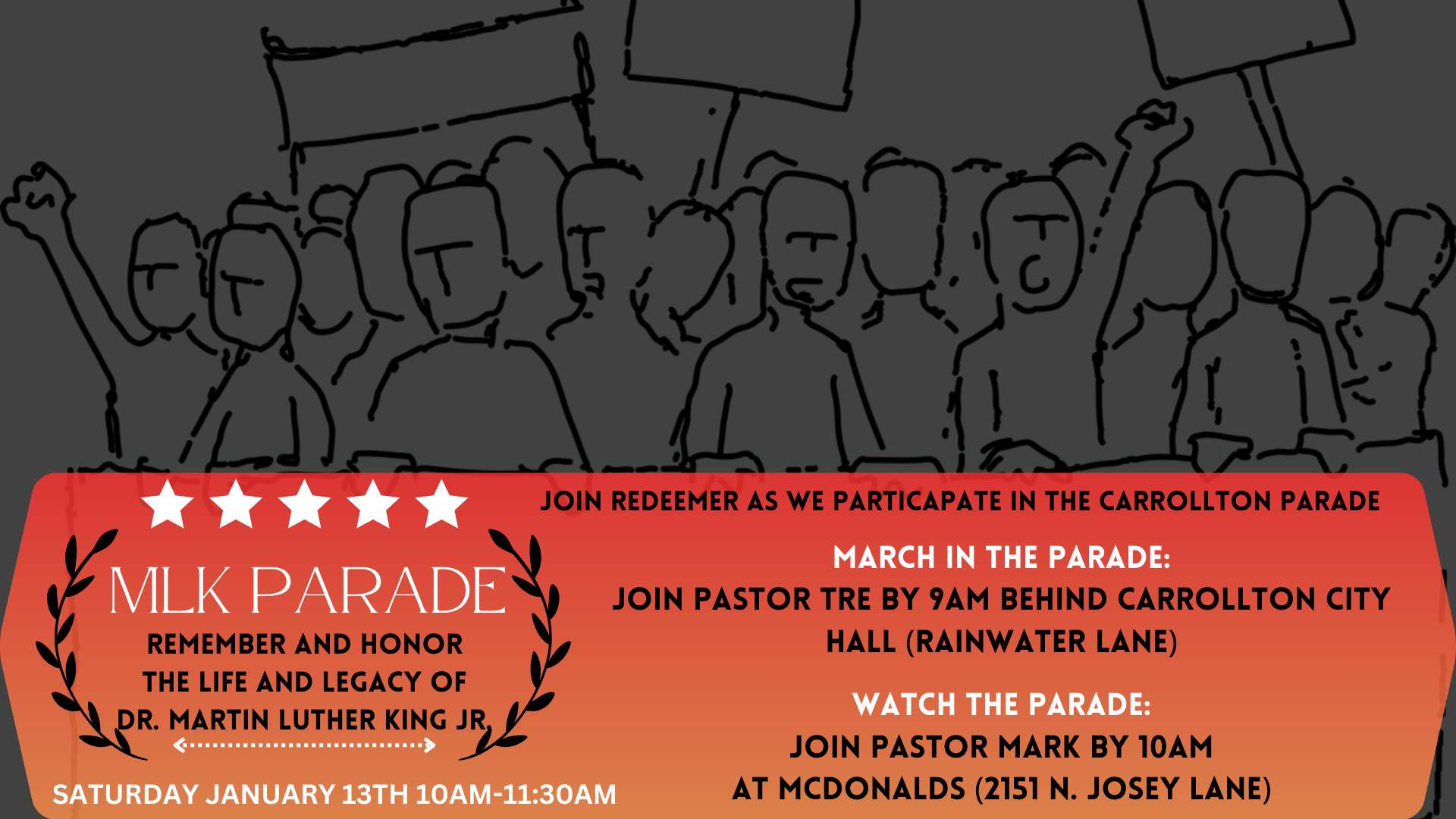 MLK CARROLLTON PARADE Saturday Jan. 13th 10AM Redeemer Covenant